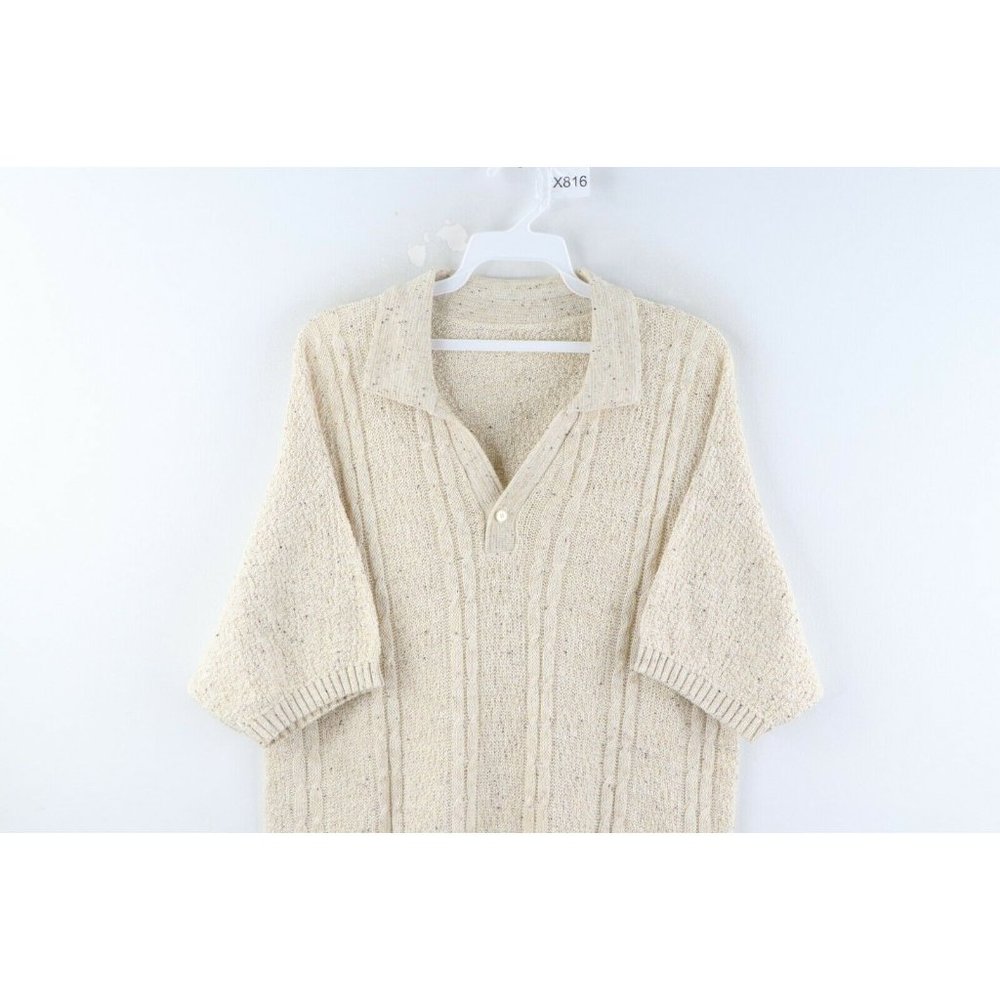 Vintage 70s Rockabilly Mens Medium Cable Knit Collared Short Sleeve Polo Sweater - Picture 2 of 7